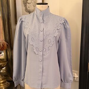 Elegant Vintage Lavender Lace Yoke Button-Front Women's Top